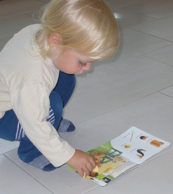 noch mit Locken, Kai füttert Pferd im Buch